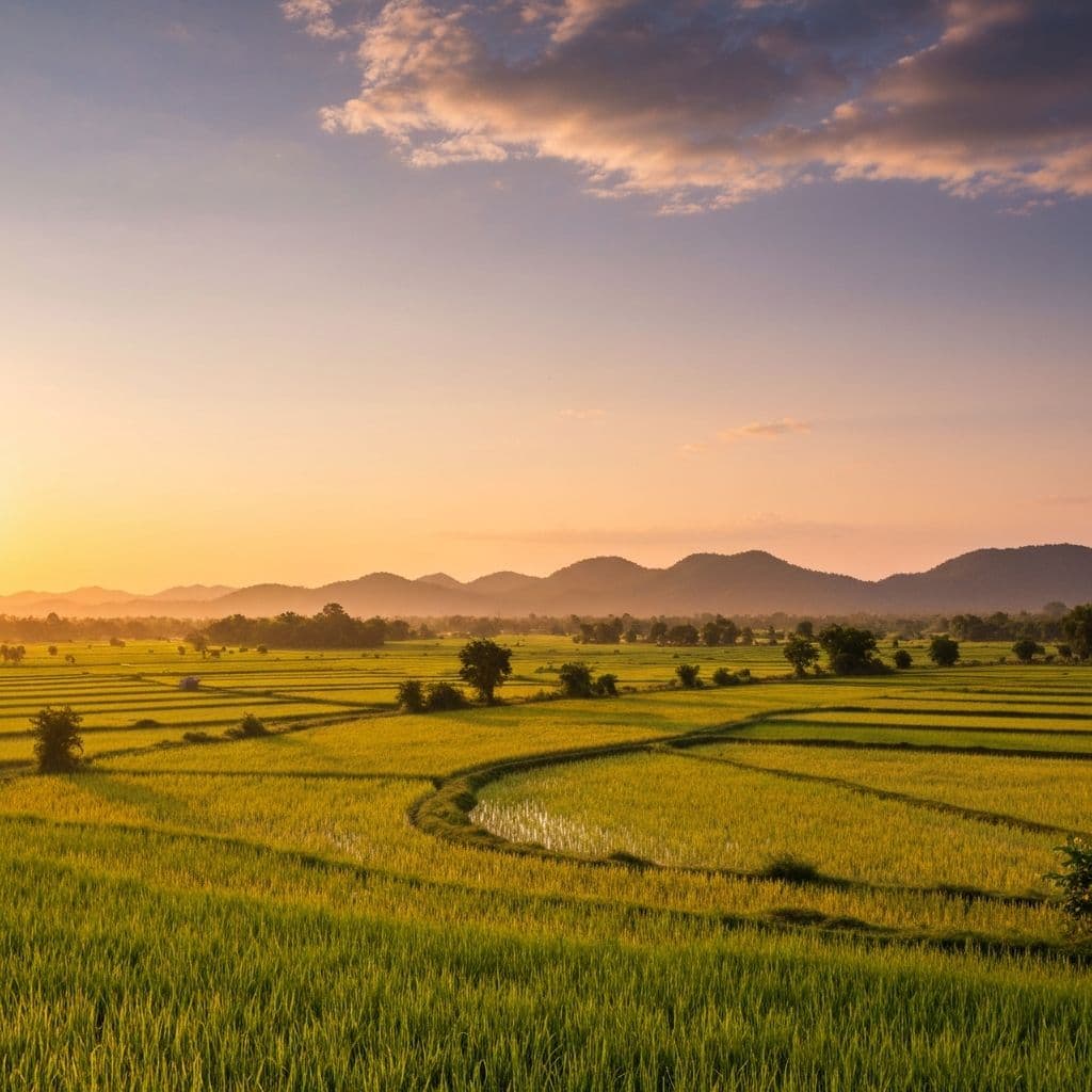 Golden Arakan rice fields beneath distant hills at sunset